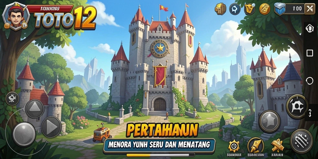 Screenshot gameplay TOTO12 menampilkan menara pertahanan menghadapi gelombang musuh.